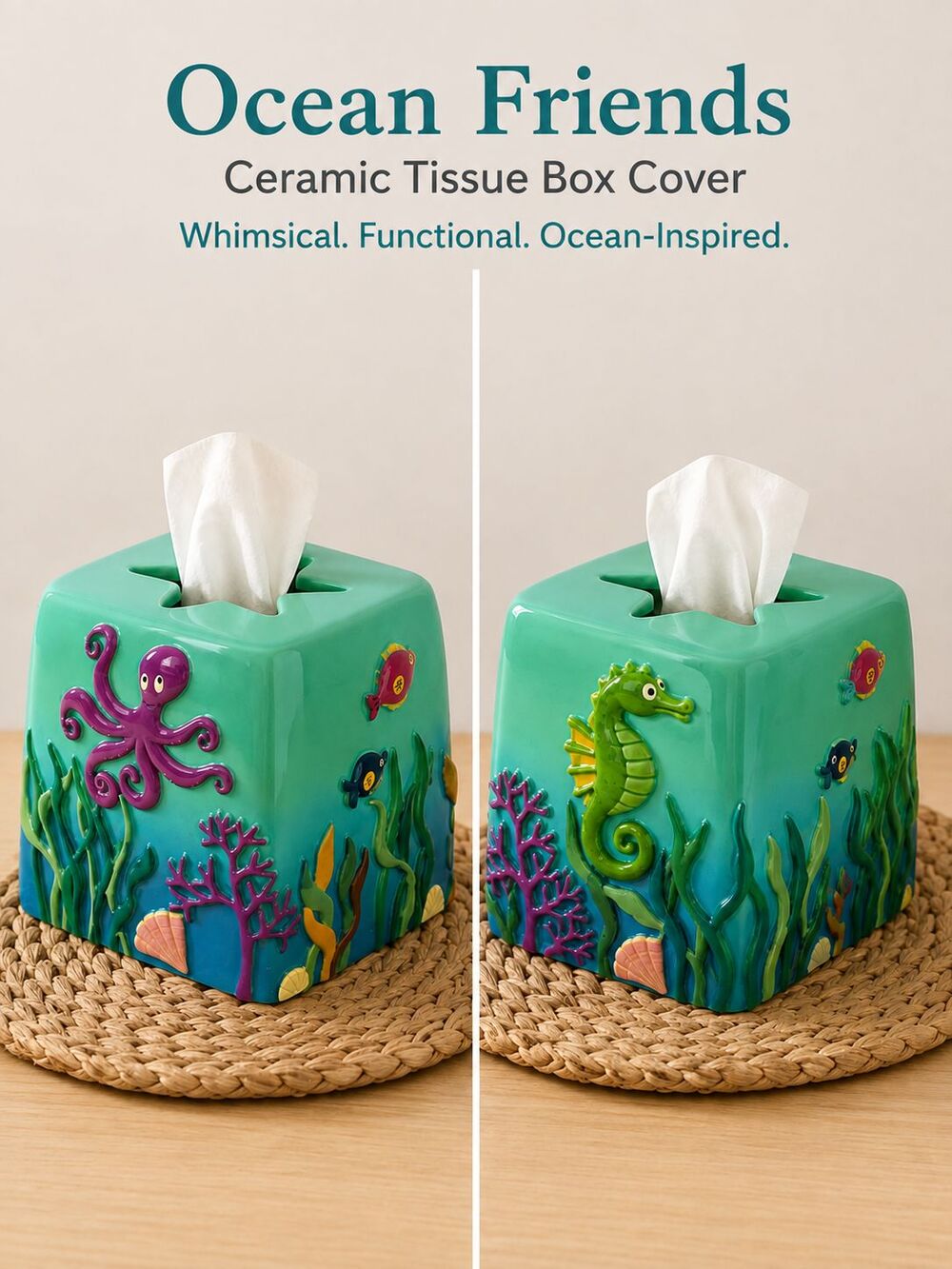 Ocean Sea Life Ceramic Tissue Box Cover Octopus Seahorse Coastal Bathroom Decor